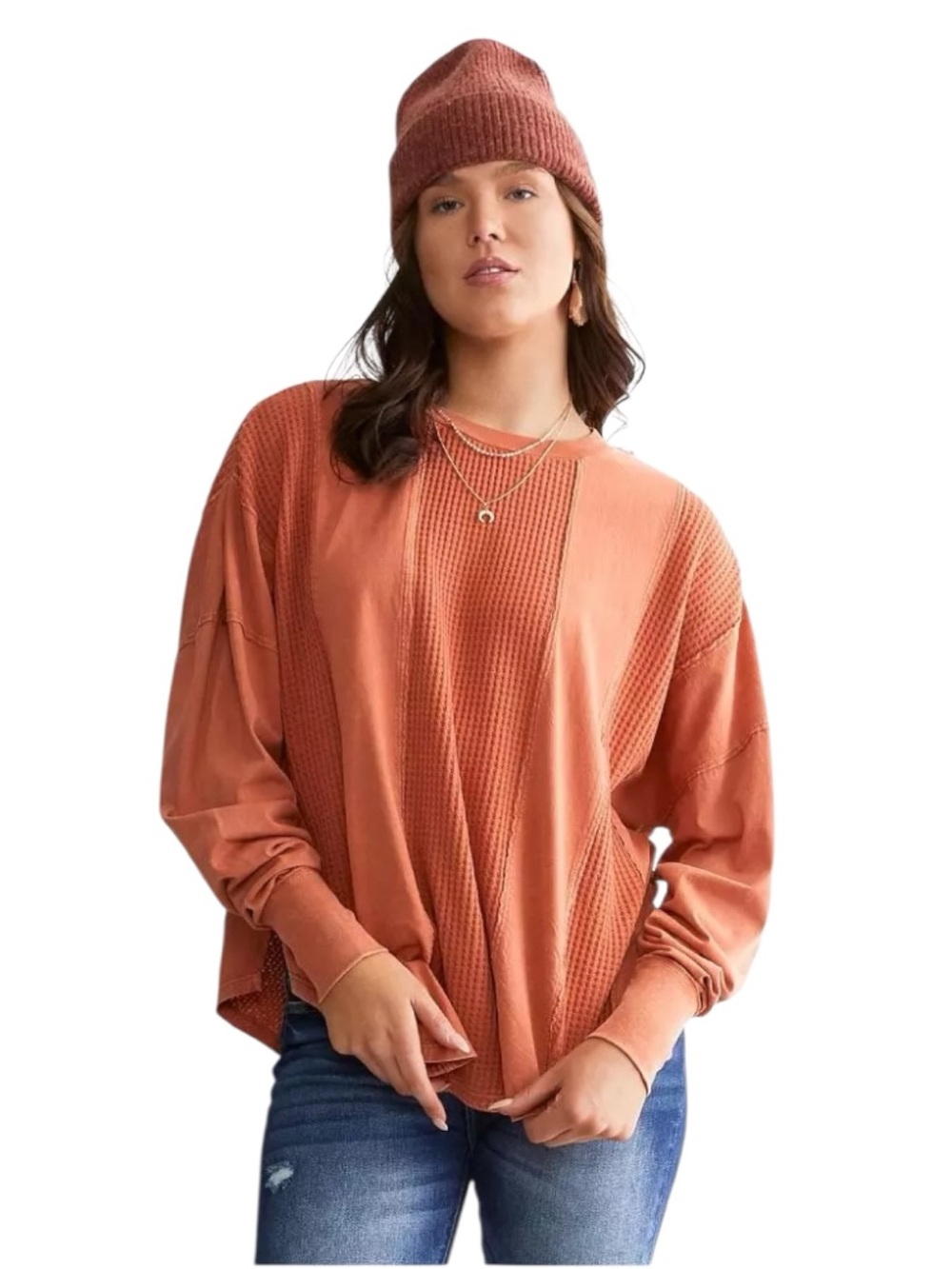 Buckle Gilded Intent Pieced Waffle Knit Top Baked Clay Long Sleeve